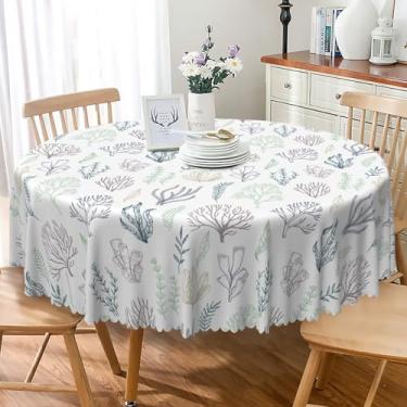 Imagem de Laeacco Toalha de mesa redonda náutica costeira de 122 cm, oceano, costeira, coral, algas marinhas, toalha de mesa, lavável, impermeável, sem vincos, para cozinha, jantar, piquenique, decoração de