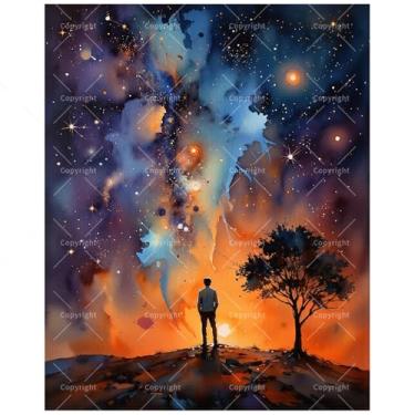 Imagem de Kit de pintura solitária por números para adultos - DIY homem observando as estrelas sob pintura colorida cosmos em tela 30 x 40 cm, conjunto de tinta acrílica emoldurada, adequado para iniciantes