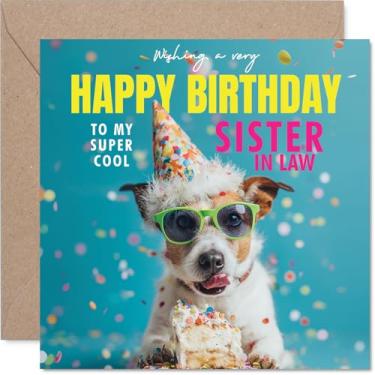 Imagem de Stuff4 Cartão de aniversário Sister in Law - Bolo Pawsome - Cartão de feliz aniversário para cunhada do irmão irmão, cartões de saudação legal de 14 cm para cães