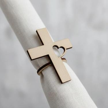 Imagem de Kit 12 Anéis Porta Guardanapo Cruz com Coração, MDF Cru, Mesa Posta, Páscoa, Natal