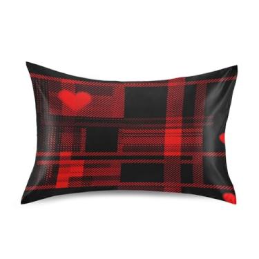 Imagem de Wassud Fronha de cetim xadrez vermelha e preta para cabelo e pele fronhas de seda lisa Queen Size Capas de travesseiro respiráveis com fecho de envelope