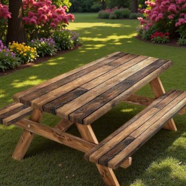Imagem de Etsyoki Capa de mesa de piquenique de madeira com capas de banco e bolsa, impermeável, à prova de vento, capa de toalha de mesa de acampamento com borda elástica, para ambientes internos e externos