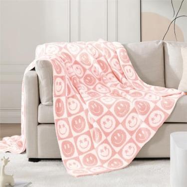 Imagem de WRENSONGE Cobertor xadrez, rosto sorridente, macio, aconchegante, fofo, quente, feito à mão, cobertores para sofá, cadeira, cama, acampamento, piquenique, viagem leve - 127 cm x 152 cm