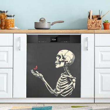 Imagem de xigua Capa magnética engraçada de esqueleto preto para lava-louças, adesivos magnéticos decorativos antiarranhões para painel de geladeira e lava-louças, decoração personalizada de cozinha doméstica