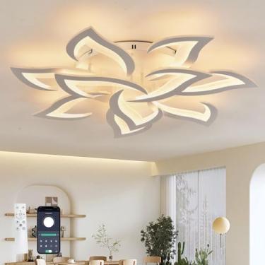 Imagem de Lustre de teto em formato de flor com controle remoto, aplicativo, 3 temperaturas de cor (3000K-6500K), dimerizável, luz noturna e função de memória, 60W para sala de estar, branco.