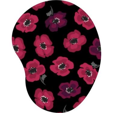Imagem de Mouse Pad Ergonômico Gota Flores de Papoula Vermelhas Fundo Preto