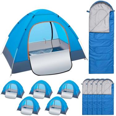 Imagem de Wowangce Conjunto de 5 barracas de acampamento para 2 pessoas para sem-teto a granel inclui 5 pacotes de barraca leve e 5 pacotes de saco de dormir à prova d'água à prova de vento com capa de chuva
