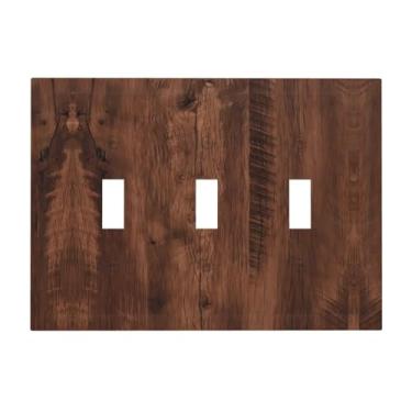 Imagem de Capa de interruptor de luz rústica marrom grão de madeira vintage 3 Gang triplo placa de parede decorativa placa elétrica para banheiro cozinha decoração de quarto 16 x 12 cm