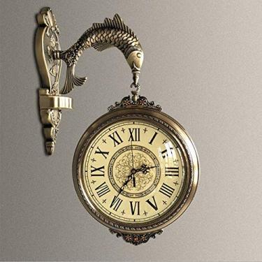 Imagem de U5GAAALPPQ9 Relógio de parede de metal europeu de dupla face, corredor, corredor, corredor, relógio de dois lados, retrô, muito silencioso