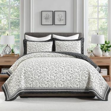 Imagem de PANGUSHAN Conjunto de colcha King Size – Conjunto de edredom King 100% algodão, colcha botânica com 2 fronhas, roupa de cama floral reversível leve, colcha King para todas as estações, preto