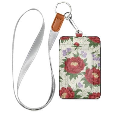 Imagem de Burbuja Porta-crachá de couro com cordão, etiqueta de identificação floral com 1 janela transparente para identidade e 2 compartimentos para cartão para escritório, enfermeira, professor, médico