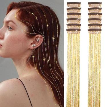 Imagem de Clipe de tinsel de cabelo dourado em pacote com 8 peças de extensões de glitter dourado de 50 cm, kit de acessórios de cabelo cintilantes para festas de fadas para meninas, mulheres e crianças