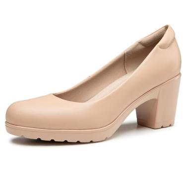 Imagem de Trary Sapato feminino grosso de salto baixo sem cadarço, confortável, clássico, bico redondo, para trabalho, casamento, escritório, sapatos femininos, Damasco, 35