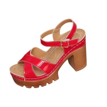 Imagem de Sandálias femininas de salto alto plataforma Peep Toe com salto grosso para um visual ousado de verão, Vermelho, 39