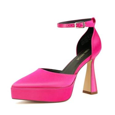 Imagem de JENN ARDOR Sapato feminino de salto alto plataforma grosso, bico fino, fechado, tira no tornozelo, confortável, sexy, vestido de festa, casamento, Rosa choque - cetim, 36