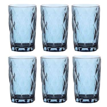 Imagem de Jogo C/ 6 Copos de Vidro Diamond Azul Safira 350ml Luxo Bebidas Água S