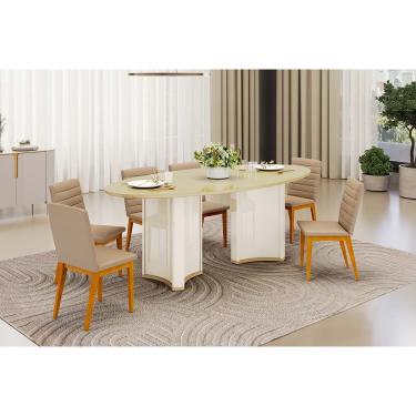 Imagem de Conjunto: Mesa de Cozinha Liz c/ Tampo Madeirado c/ Vidro Oval 218x108cm e 6 Cadeiras Sofia Off White/Dourado - Ipe/Linho Bege - DJ Móveis