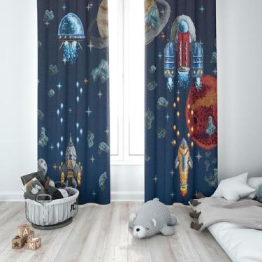 Imagem de Cortina Tecido Oxford Quarto Infantil Naves Estrelas Planetas Pixel Ar
