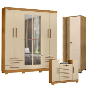 Imagem de Guarda Roupa Casal Londres com Espelho com Cômoda Madri e Armário Multiuso Versatile Ca...