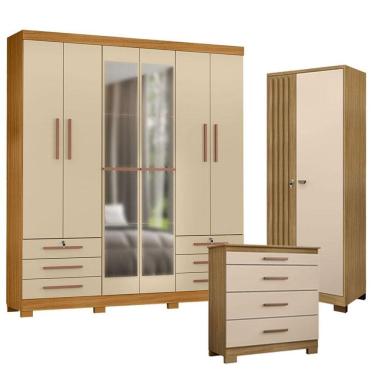 Imagem de Guarda Roupa Casal Londres com Espelho com Cômoda 4 Gavetas New e Armário Multiuso Vers...