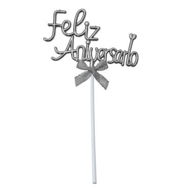 Imagem de Topo de Bolo Feliz Aniversário Metalizado com Laço 21CM Prata Extra Festas