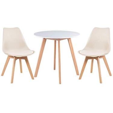 Imagem de Loft7, KIT - Mesa redonda Leda 70 cm branco + 2 cadeiras estofadas Leda creme