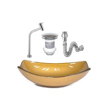 Imagem de CUBA DE VIDRO OVAL CHANFRADA 46CM DOURADO REAL + VALVULA + TORNEIRA + SIFAO