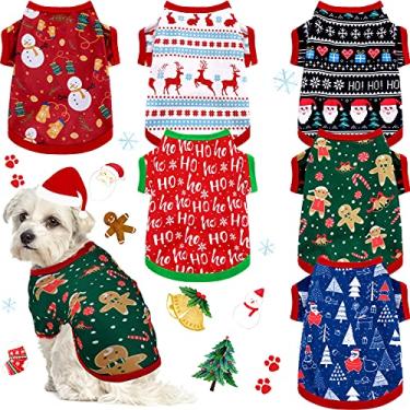 Imagem de 6 peças de roupas de Natal para cães camisetas para animais de estimação, colete para filhotes de Natal estampado boneco de neve Rena Papai Noel camisetas para roupas macias para cães e gatos (G)