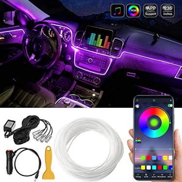 Imagem de Luz de tira interior de LED para carro, 16 milhões de cores 5 em 1 com fibra óptica de 536 cm, kit de iluminação ambiente de atmosfera de automóvel ativo RGB multicolorido - controle sem fio Bluetooth APP