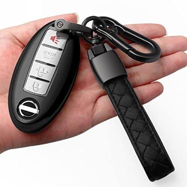 Imagem de Autophone Capa para chave Nissan com chaveiro de couro TPU macio com proteção de 360 graus compatível com Altima Maxima Rogue Armada Pathfinder Infiniti Smart Key 3 4 5 botões, preto