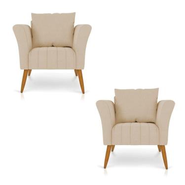 Imagem de Kit 02 Poltronas Marilia Linho Grosso Bege A19 Pés Palito Castanho - D`rossi