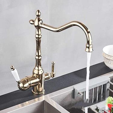Imagem de Torneira de filtro de cozinha ouro água pura 360 rotação pia de cozinha guindaste de alça dupla dupla função de água torneiras misturadoras de filtro, dourado, china
