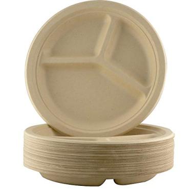 Imagem de Pratos com 3 compartimentos de grau restaurante, biodegradáveis de 22,8 cm. Pacote com 100 unidades. Ótimo para almoço e jantares Descartáveis Pratos de trigo compostáveis à prova de vazamento e seguro para micro-ondas.