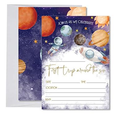 Imagem de Convite de aniversário para bebês meninos Space First Trip Around the Sun, material de aniversário de 1 ano no espaço sideral, decoração de festa, 20 convites de preenchimento + envelopes