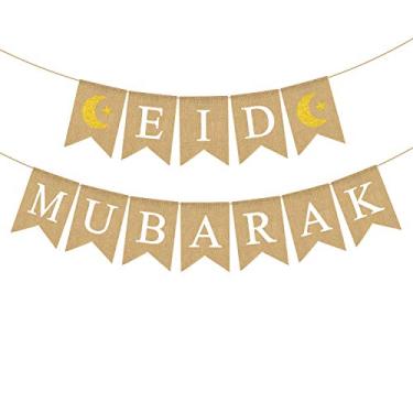 Imagem de Banner de Mubarak com Lua e Estrela Ramadã Home Mantel Decoração de Lareira da Jute Burlap Eid