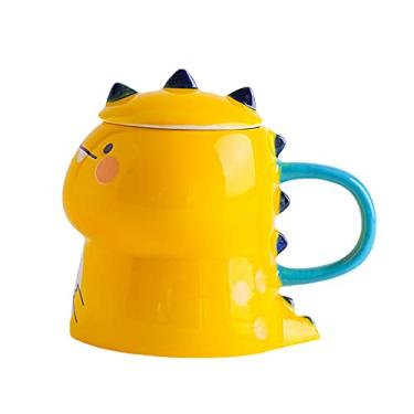 Imagem de Caneca de princesa com tampa 3D xícara de café de cerâmica xícara de chá lua presente escritório casa (amarelo dinossauro, 450 ml)