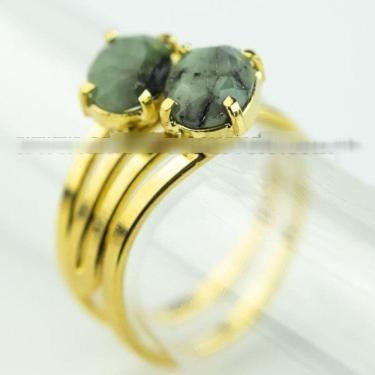 Imagem de Anel 2 Pedra Esmeralda Gema Facetado Dourado Aro Ajustavel