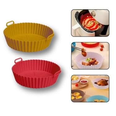 Imagem de Kit 2 Cestos Forma Rendonda Reutilizavel Para Air Fryer Silicone Com Alça 20 cm Antiaderente Cozinha Completa
