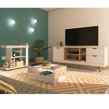 Imagem de Conjunto Sala de Estar Rack para TV até 60 Pol com Mesa de Centro com Espelho e Bar Móvel Espelhado Branco