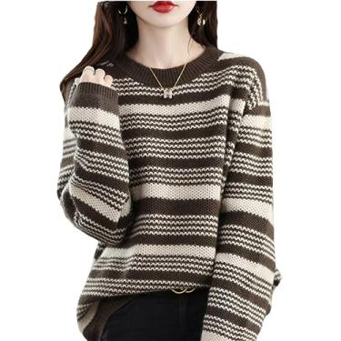 Imagem de Suéter feminino listrado outono inverno pulôver coreano gola redonda manga longa roupas vintage suéter tricotado, Café, M