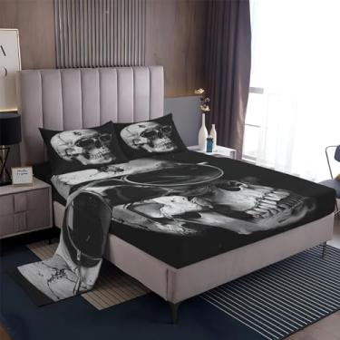 Imagem de Jogo de lençol solteiro cinza com caveira, 4 peças, lençol de cama com tema preto, microfibra macia e respirável, lençol com elástico alto, lençol de hotel e fronha