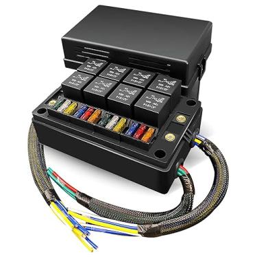 Imagem de GMURA Caixa de Relé de Fusível Pré-Cabeada à Prova d'Água, 8 Compartimentos de Relé JD1914 de 5 Pinos e 12 Porta-Fusíveis ATC, 12V, 40A, Automotivo, Náutico
