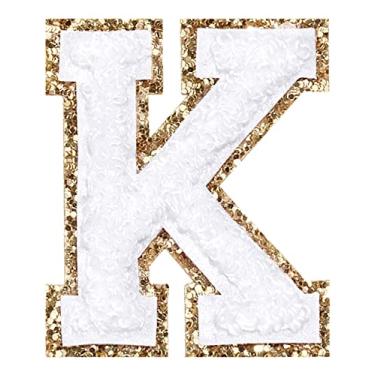 Imagem de 3 Pçs Chenille Letter Patches Ferro em Patches Glitter Varsity Letter Patches Bordado Borda Dourada Costurar em Patches para Vestuário Chapéu Bolsa de Camisa (Branco, K)