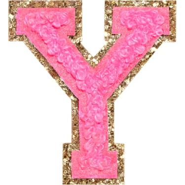Imagem de 3 Pçs Chenille Letter Patches Ferro em Patches Glitter Varsity Letter Patches Bordado Borda Dourada Costurar em Patches para Vestuário Chapéu Camisa Bolsa (Rosa, Y)
