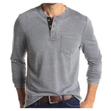 Imagem de Camisetas masculinas casuais com bolso de cor sólida manga comprida com botões atléticos para treino urbano, Cinza-claro, M