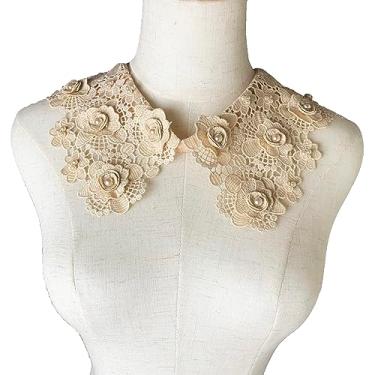 Imagem de Heyiwell 1 peça feminina pérola renda floral vazada gola falsa destacável para camisa, suéter, roupas, acessórios, cáqui
