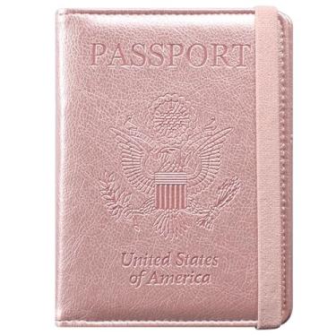 Imagem de ACdream Combo porta-cartão de passaporte e vacina, capa com compartimento para cartão de vacinação CDC, protetor organizador de documentos de viagem de couro, com bloqueio RFID, para mulheres e homens,, Aa, ouro rosa, Elastic Band Closure, Compacto