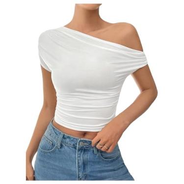 Imagem de SOLY HUX Camiseta feminina com ombros de fora, manga curta, gola assimétrica, franzida, Branco liso, M