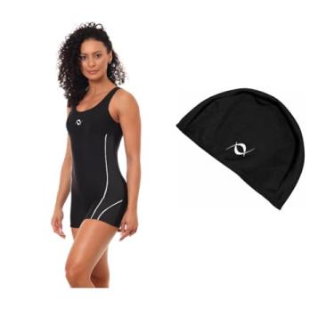 Imagem de Kit Macaquinho Natação E Hidroginástica Com Touca De Helanca (Preto/Branco - Touca Preta, GG)