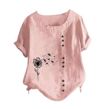 Imagem de Camisetas femininas casuais de verão de linho de algodão manga curta gola redonda camisetas estampadas florais grandes, Z09 - rosa, XXG